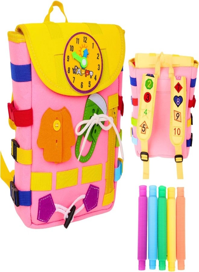BeFunky Busy Board - Toddler Backpack with DIY Retractable Tube and Learning Activity Toys - Develop Fine Motor Skills and Basic Life Skills - Children's Travel Toy - Ideal Gift for 12 Months+ (Pink) - Image 1